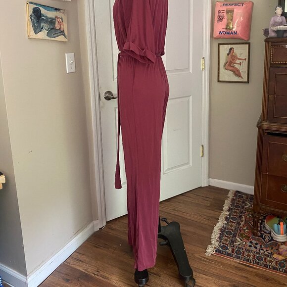 emory park MAUVE stretchy Low Plunge V neck Smocked Belted Romper Jumpsuit *SML* - Picture 3 of 6